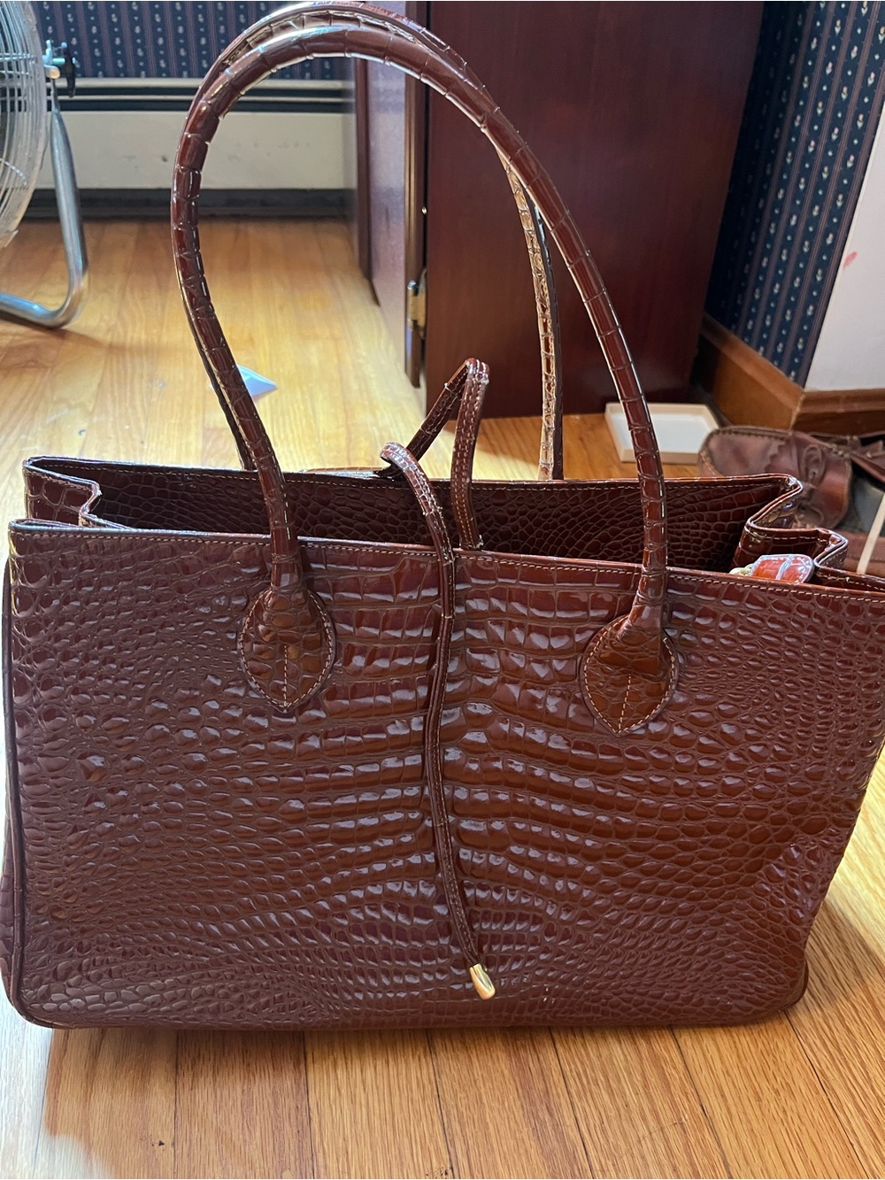 Structured Brown Croc-Embossed Tote Bag